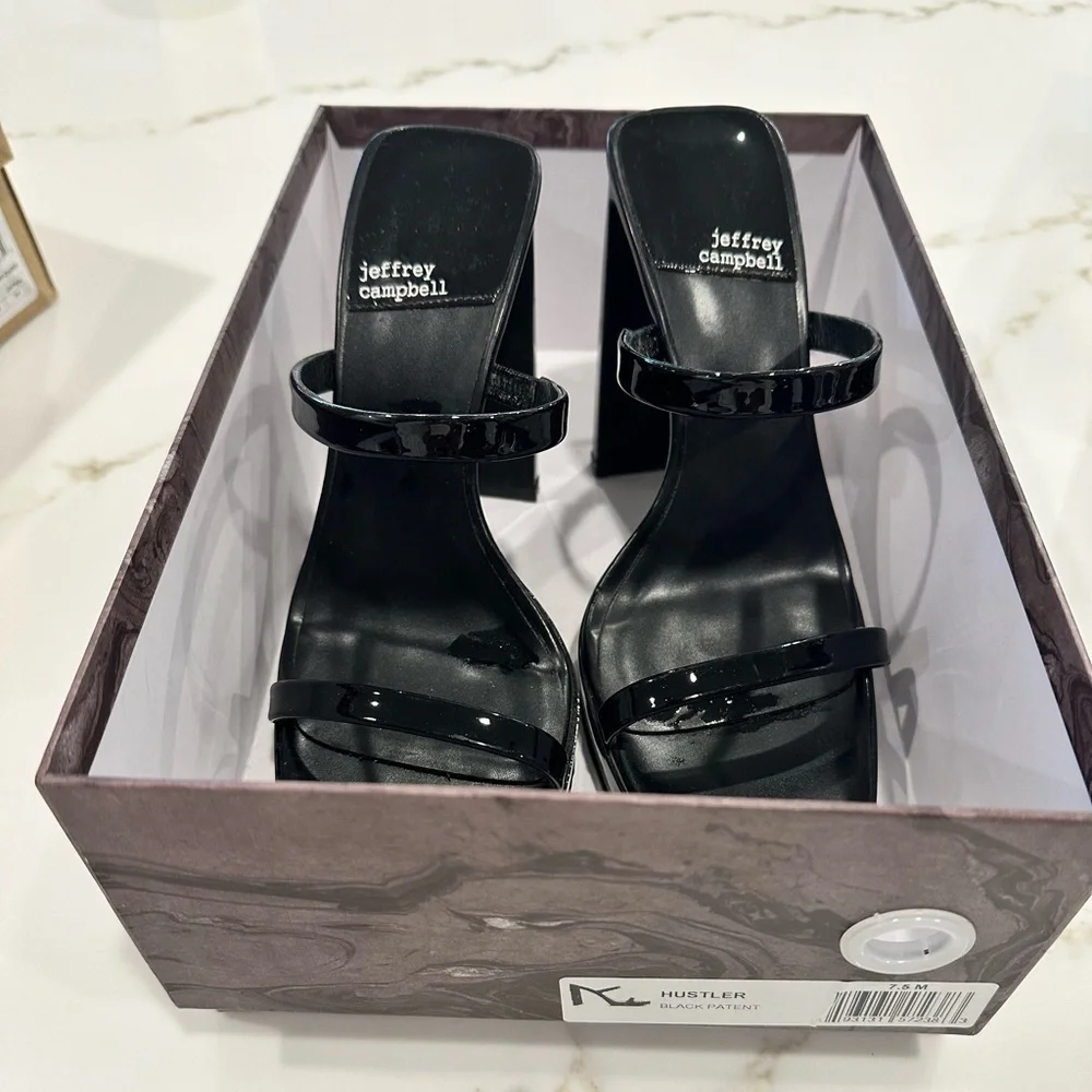 Jeffrey Campbell Hustler Black Patent Block Heel Sandals Size 7.5 - Picture 2 of 6